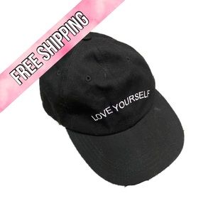 “love yourself” baseball cap w/ adjustable strap - black w/ white words